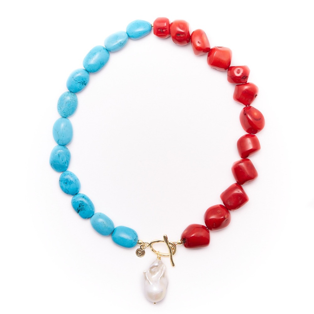 Red coral and turquoise with pearl necklace